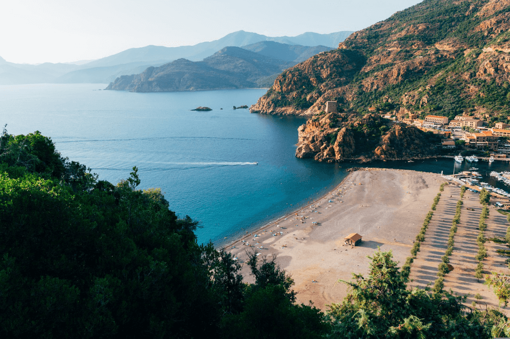 Hills and a beach in Corsica, France
