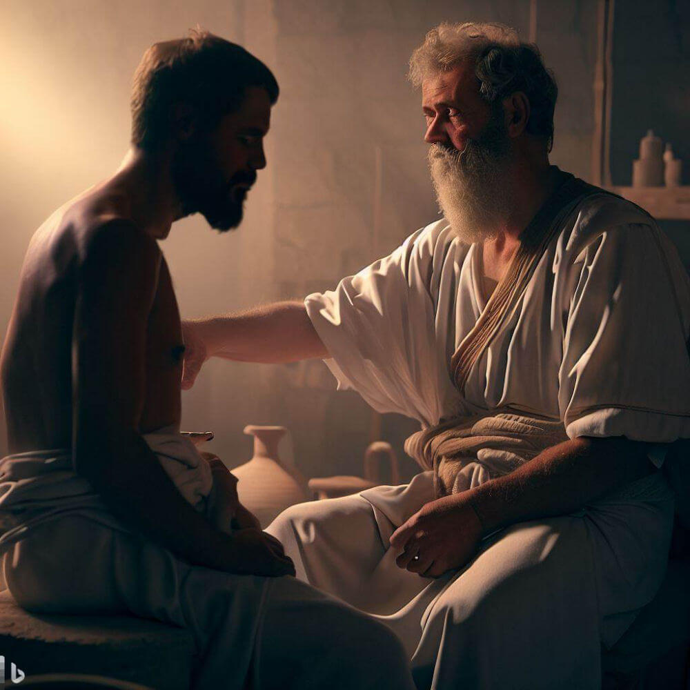 An ancient Roman doctor treating a patient