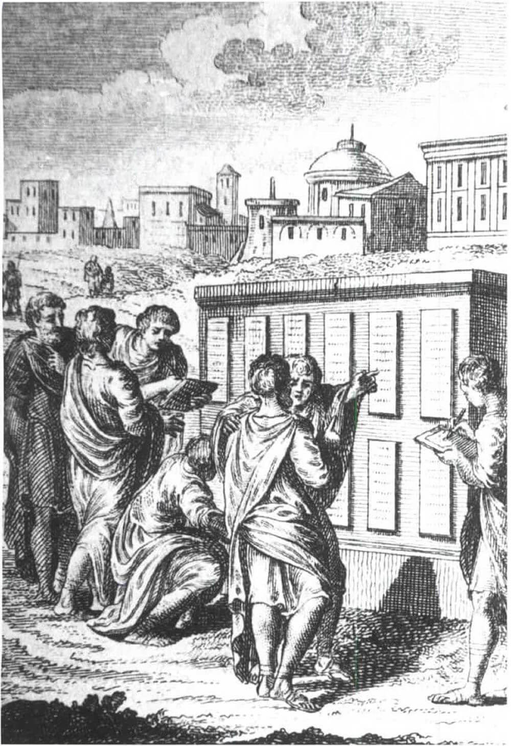 A drawing of ancient Romans inspecting the Twelve Tables of Law in the Forum
