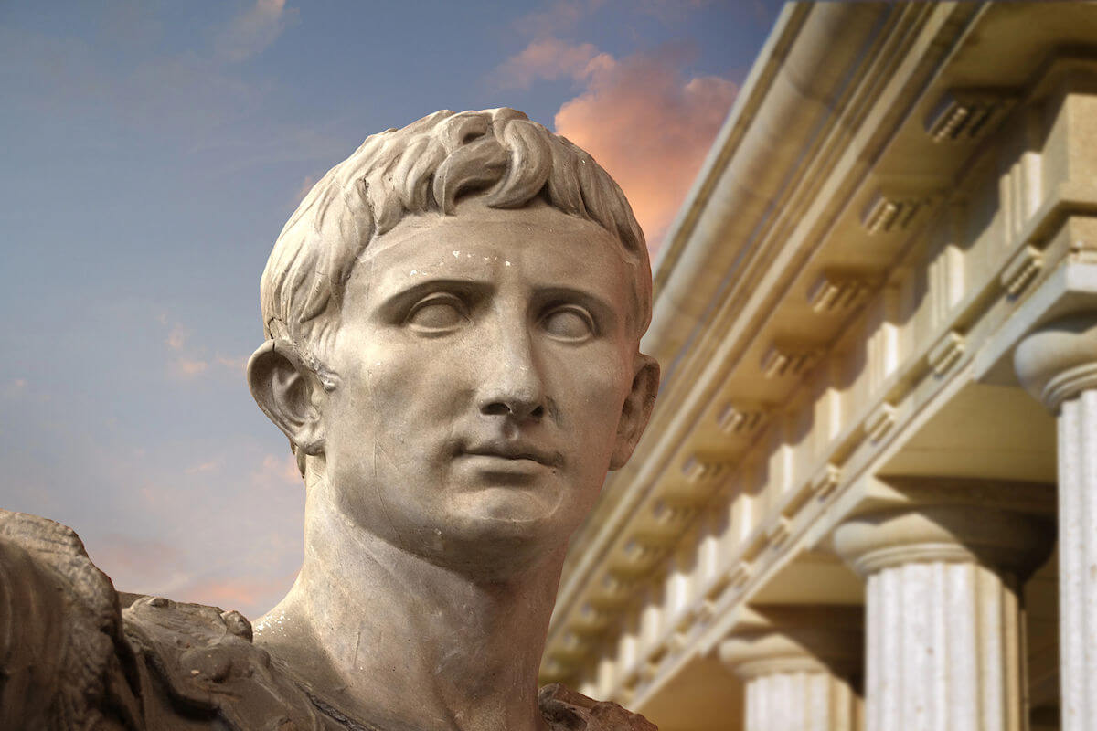 Emperor Augustus with a building in the background