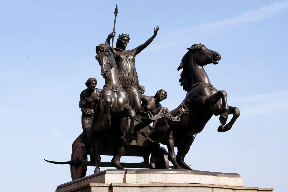 The bronze statue of Boudicca and her daughters in London, England