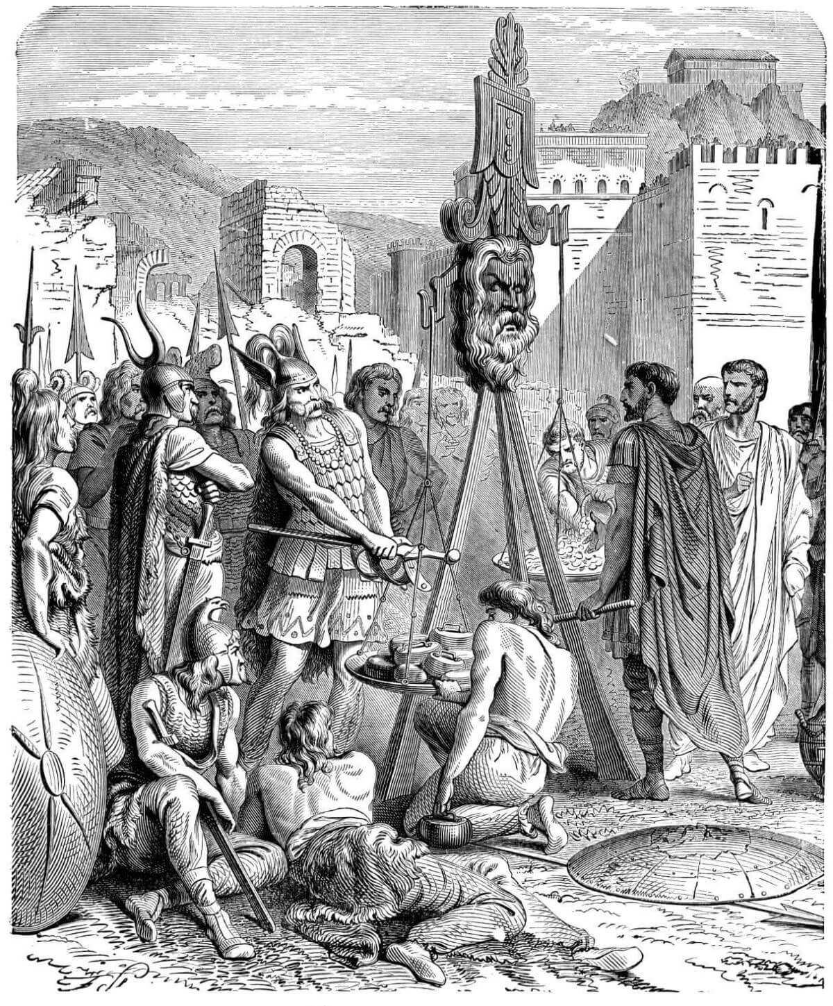 Illustration of Brennus and Camillus, during the siege of Rome, from 'Histoire de France en cent tableaux' by Paul Lehugeur, Paris, 1886.