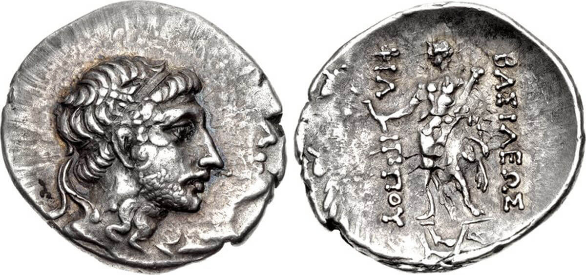 A drachm coin featuring Andriscus, overstruck on a Roman denarius coin