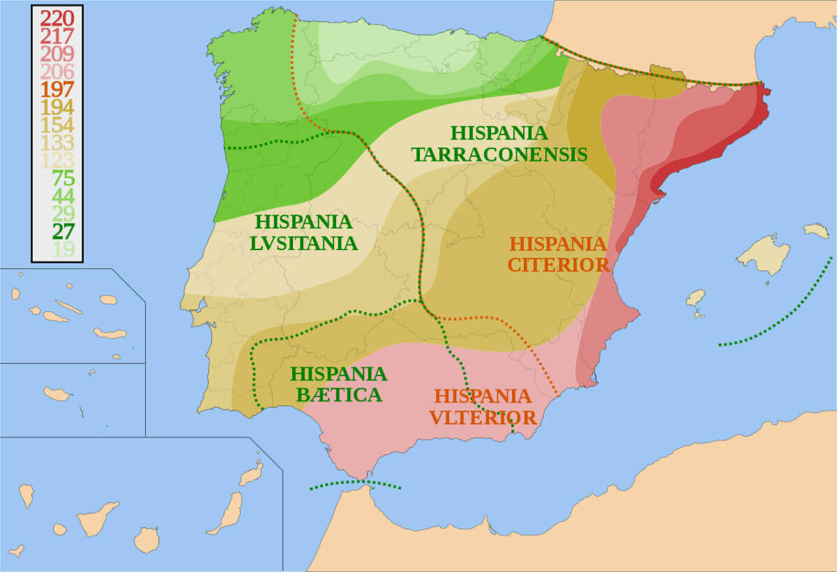 A map showing the conquest of Hispania from 220 BC to 19 BC, and the provincial borders