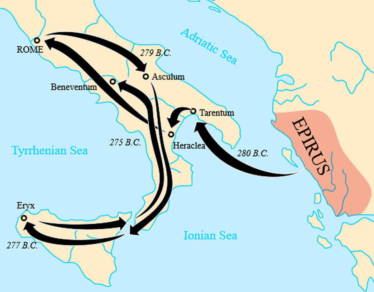 A map showing the route of Pyrrhus of Epirus during his campaigns in southern Italy and Sicily.