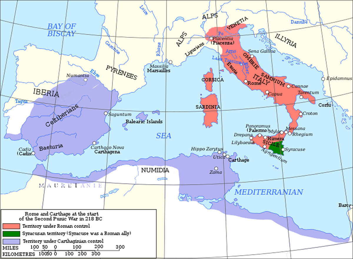 A map of the western Mediterranean Sea in 218 BC, showing Roman and Carthaginian territory at the start of the Second Punic War