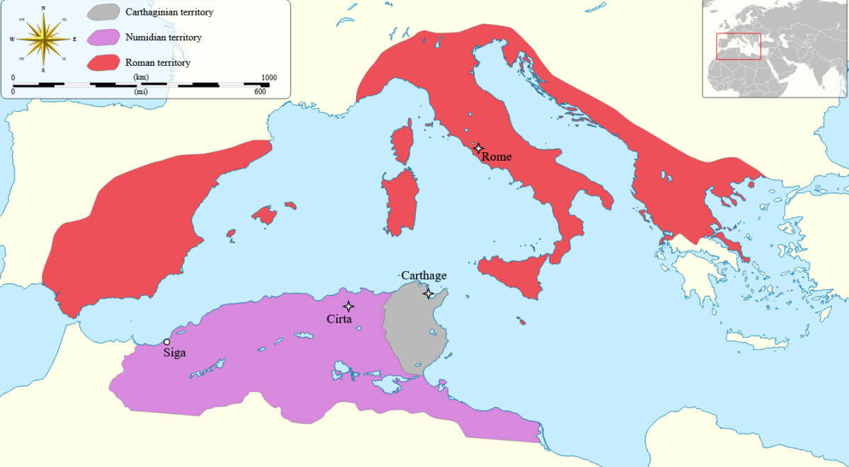 A map of the western Mediterranean showing the extent of the territories held by the region's three main powers in 150 BC