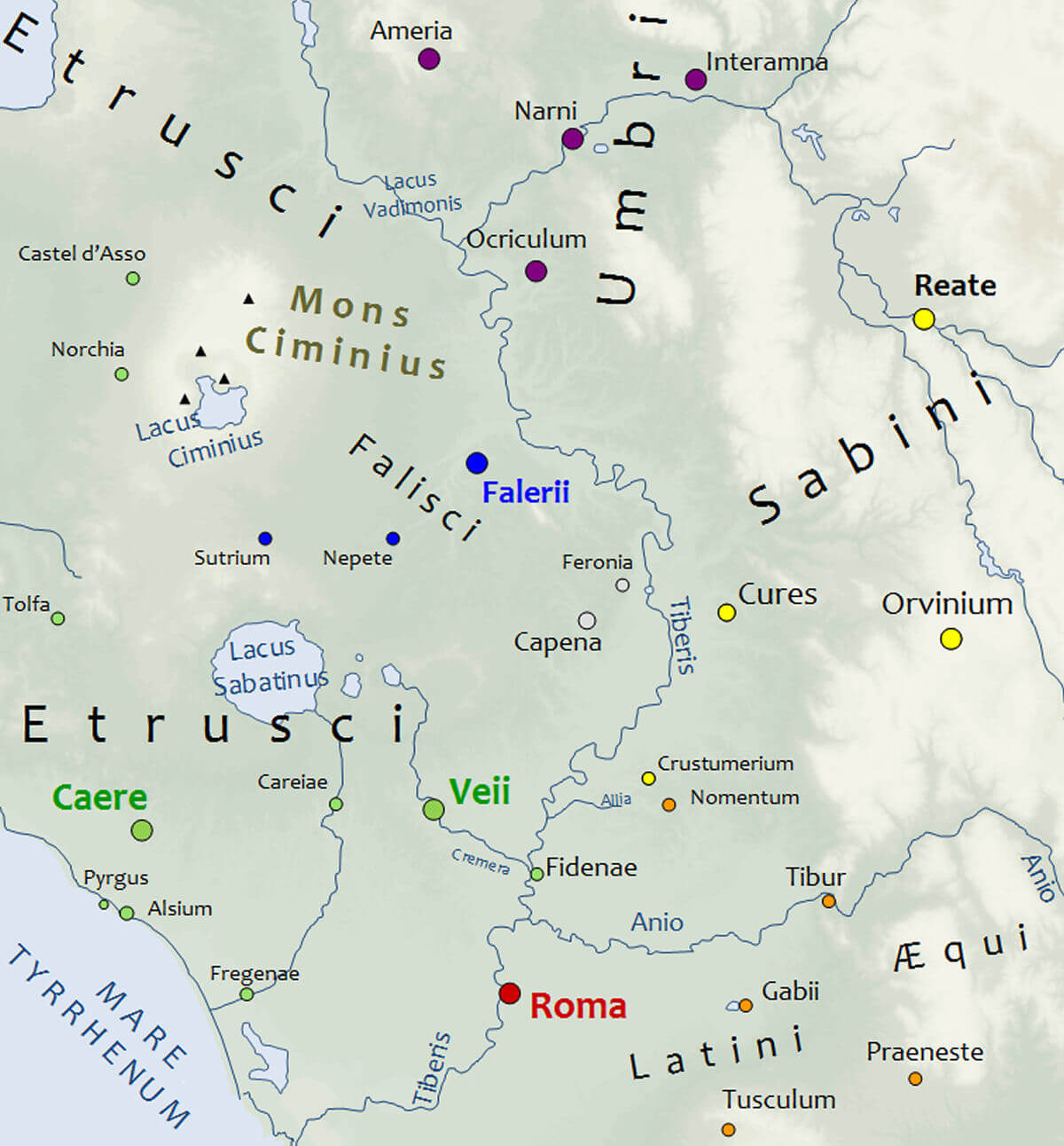 A map showing Veii, Rome and the surrounding region in 450 BC