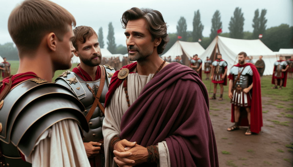 A Roman praetor at a military camp conferring with legionaries