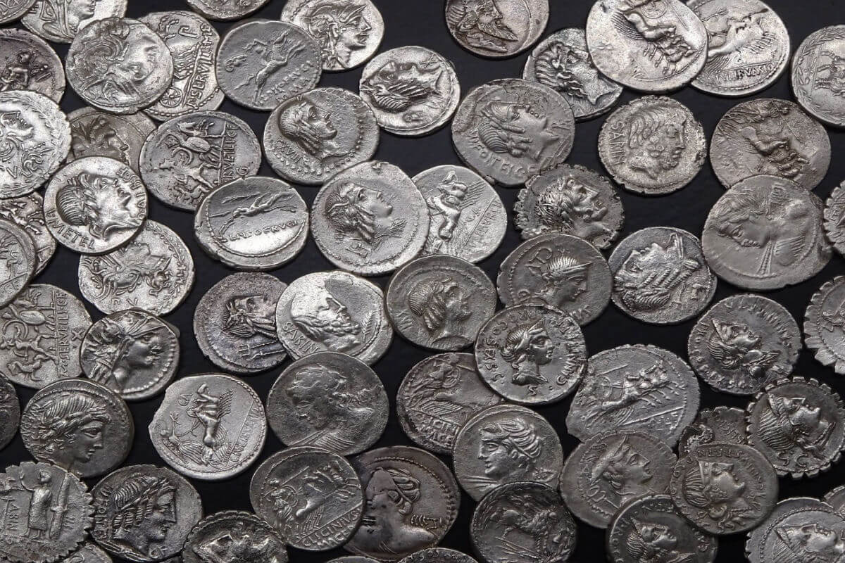 A large pile of Roman silver coins