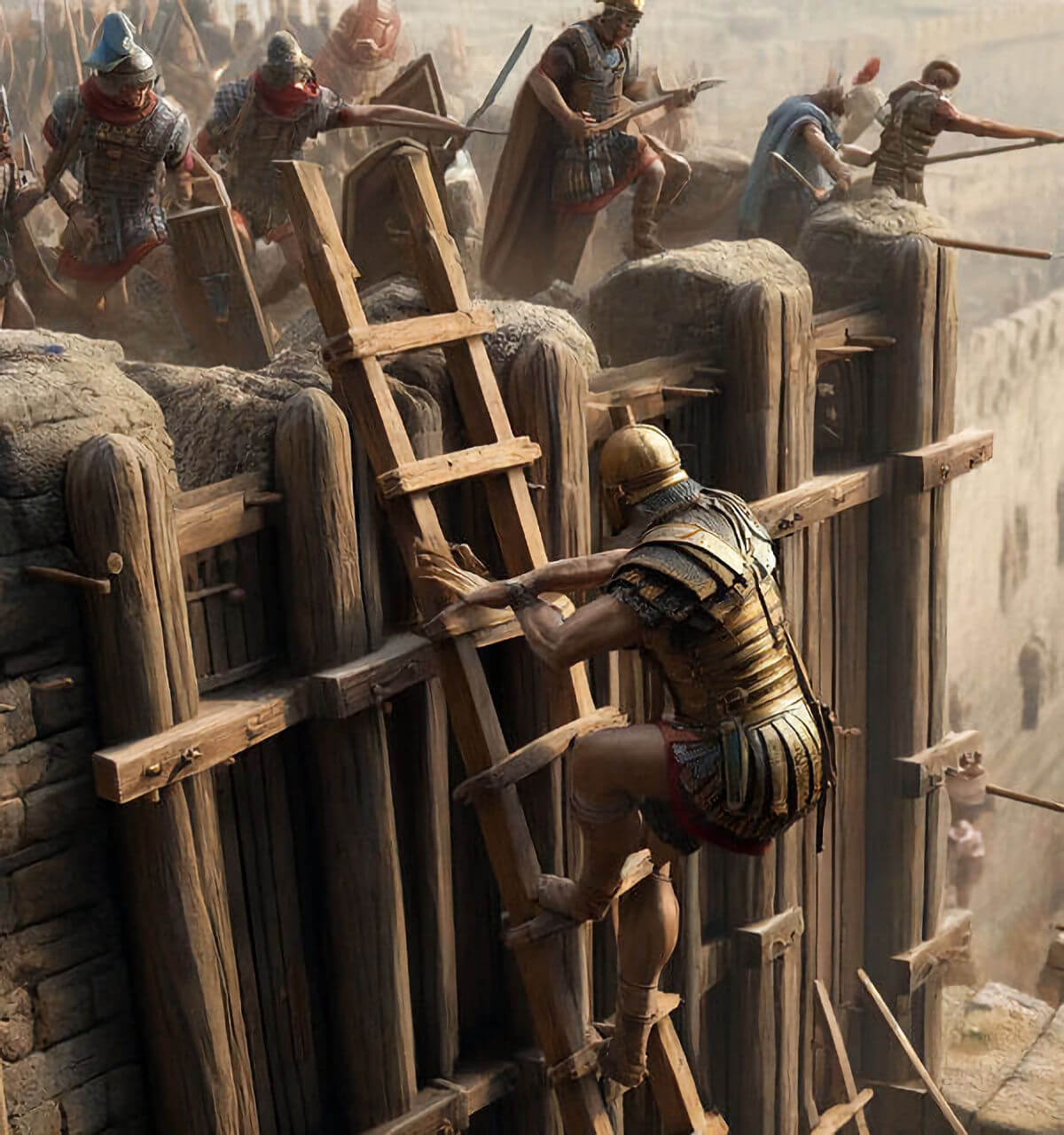 A Roman legionary scaling a ladder during the Siege of New Carthage
