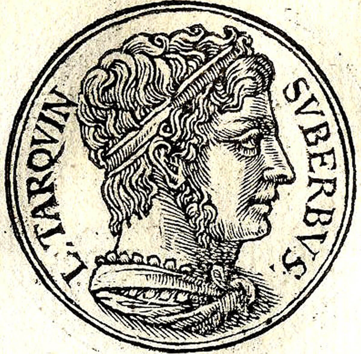 A drawing of a coin featuring the Roman king Lucius Tarquinius Superbus