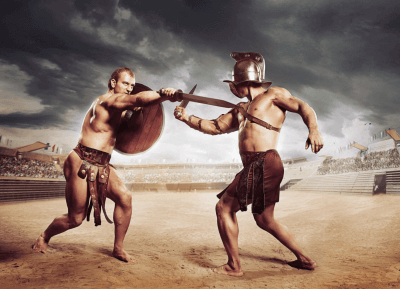 Two Roman gladiators fighting