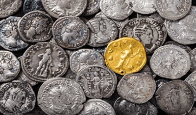 A small pile of Roman silver and gold coins