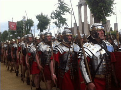 A disciplined Roman legion marching in formation