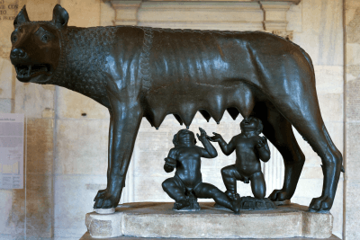 A statue of Romulus and Remus being suckled by the she-wolf
