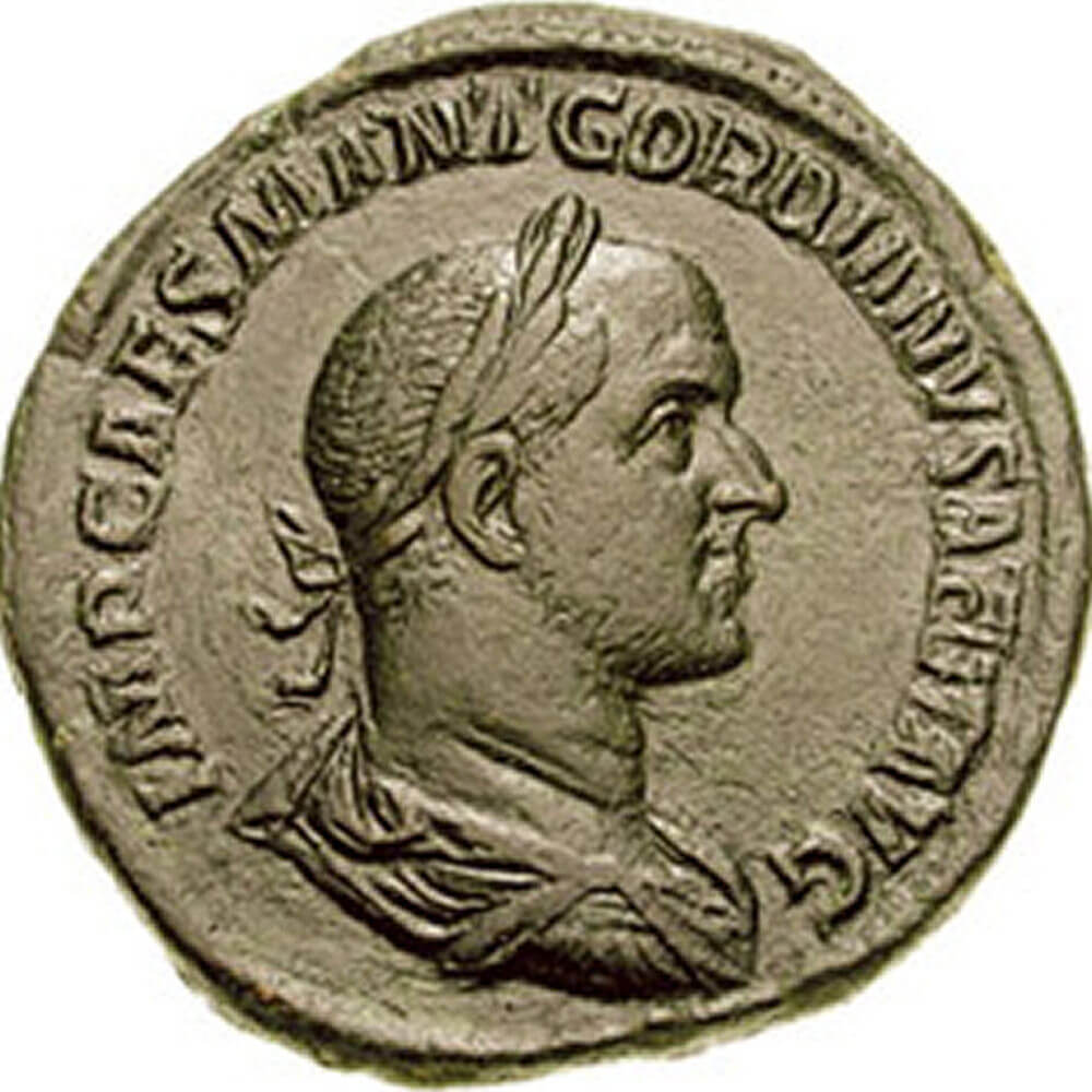 A sestertius coin featuring the Roman emperor Gordian II