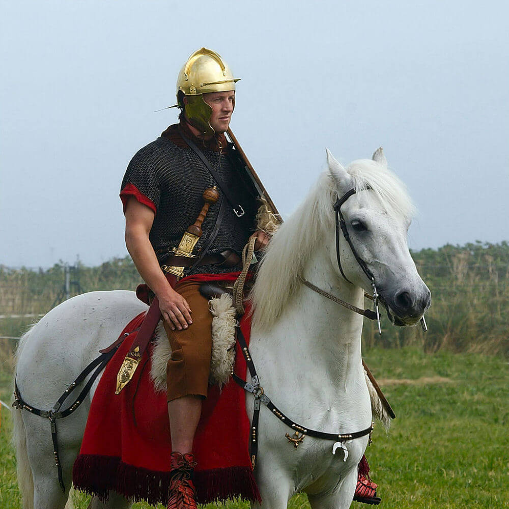 A reenactor of Roman cavalry on horseback