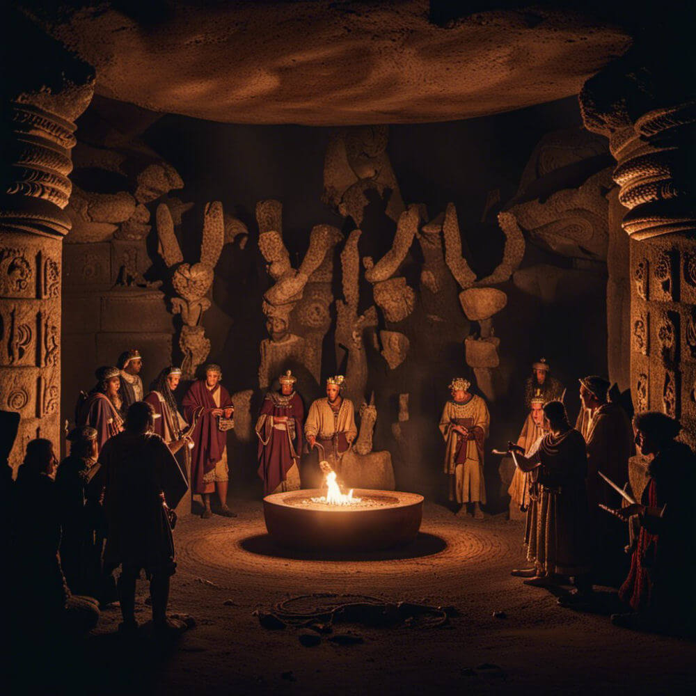 A meeting of Mithraists in a dark cavern