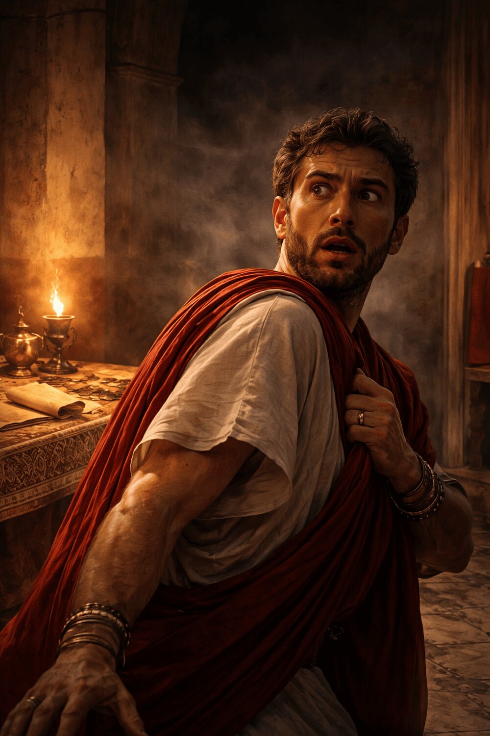 A young wealthy Roman looking shocked at thinking he hears or sees a ghost
