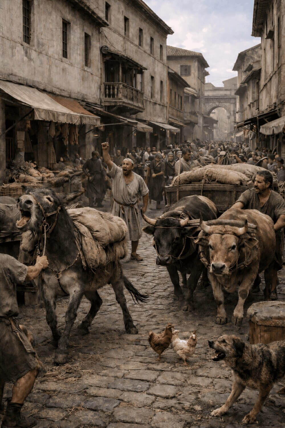 A noisy and busy street in ancient Rome