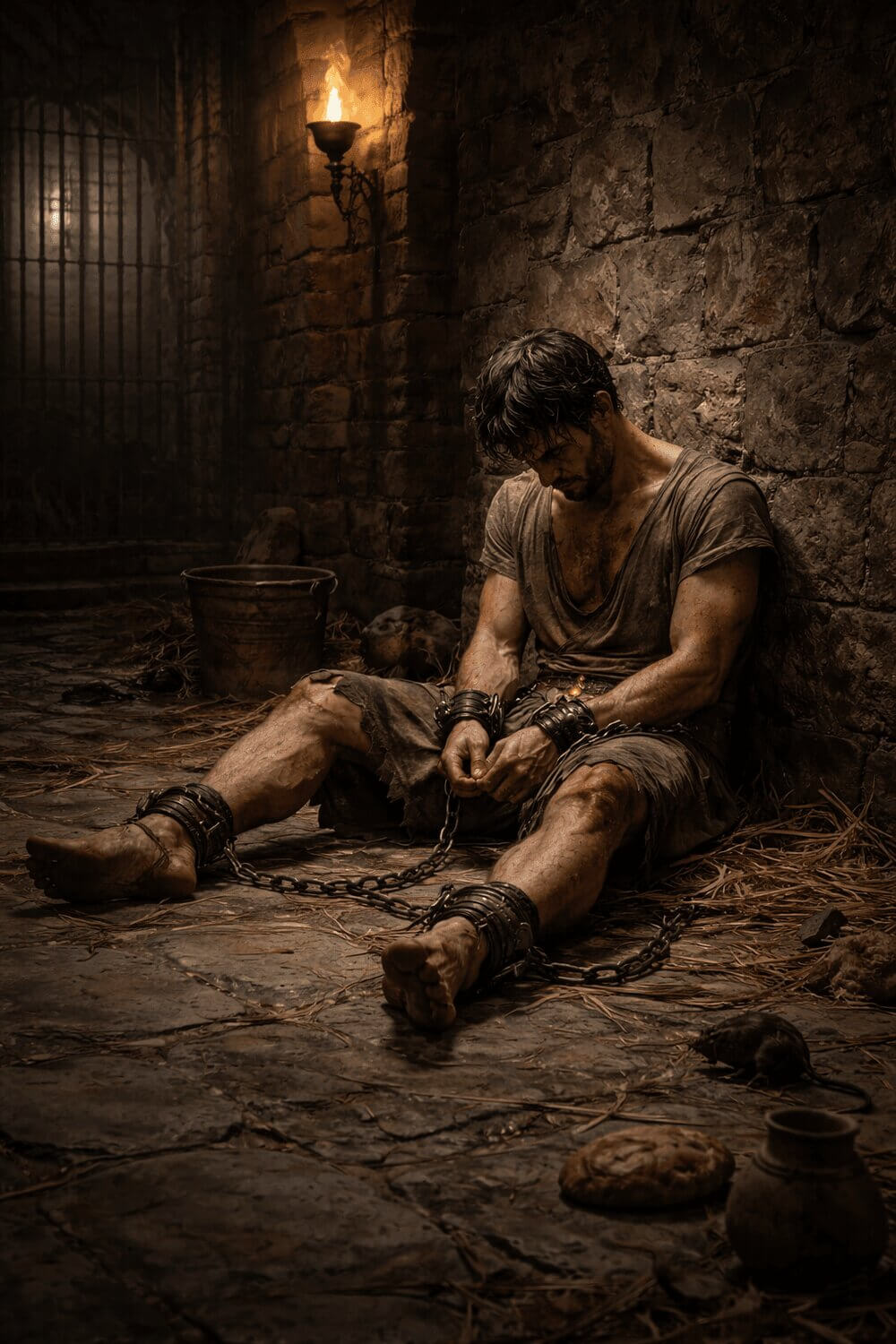 A Roman prisoner shackled in a cell