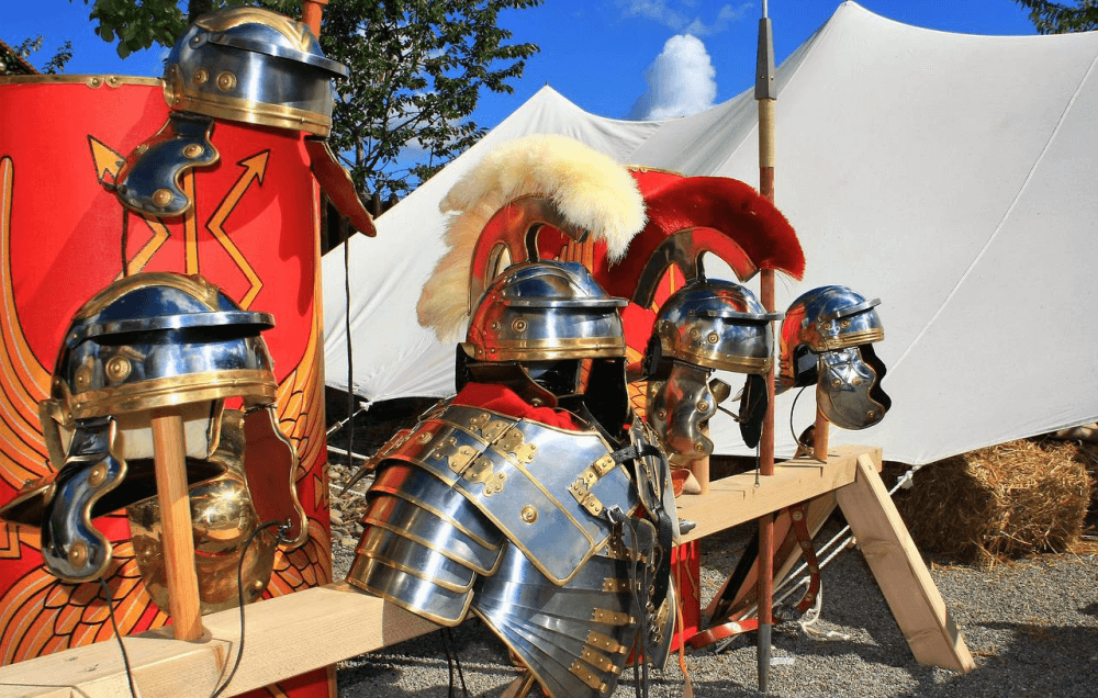 A selection of Roman helmets on display