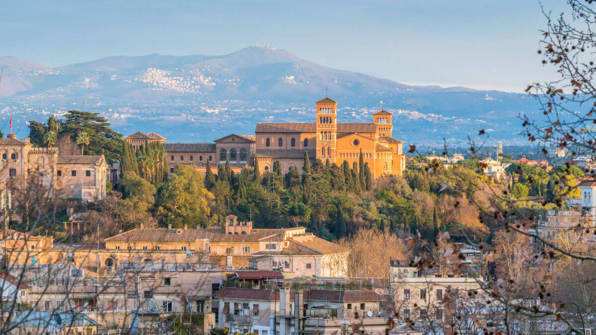 A view of the Aventine Hill in Rome with the Basilica of Santa Sabina