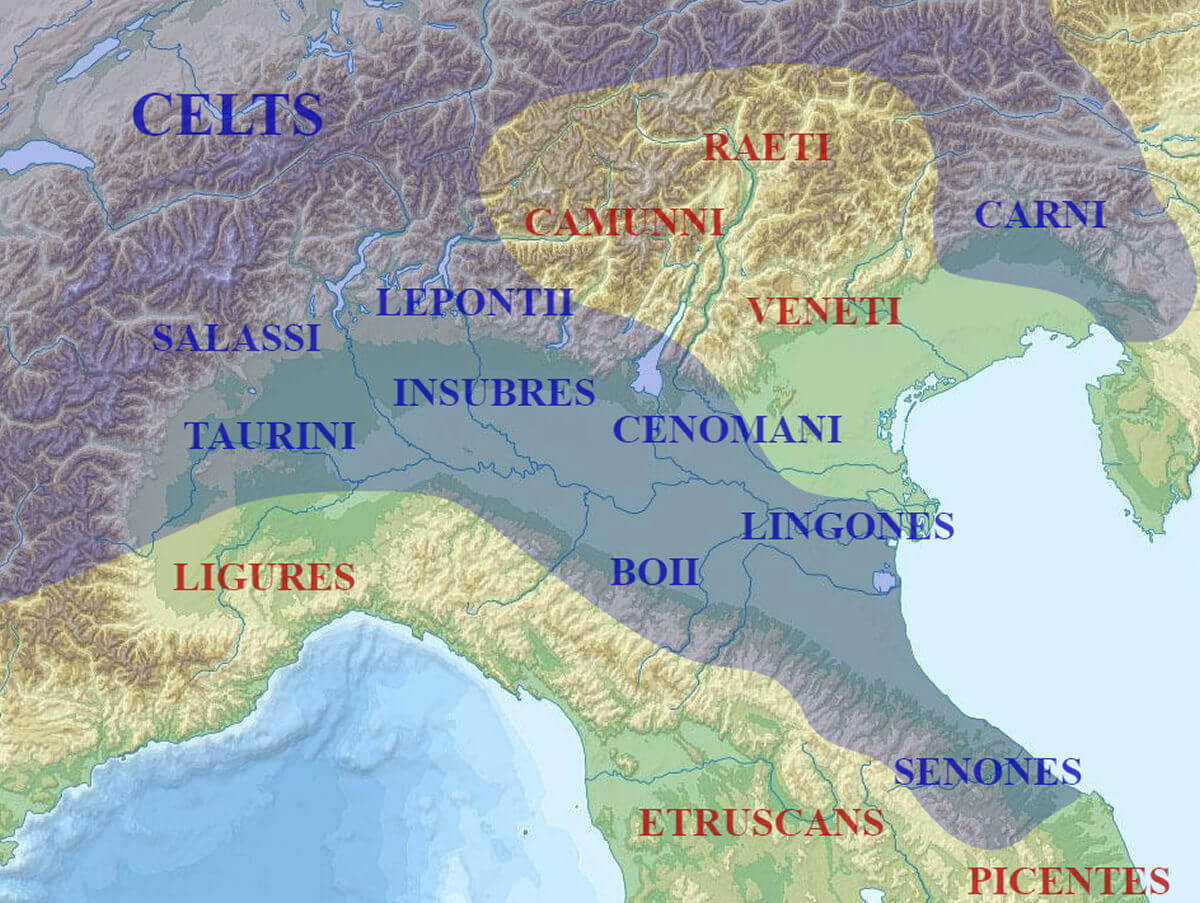 A map of Cisalpine Gaul showing the approximate distributions of Celtic populations in the area during the 4th and 3rd centuries BC