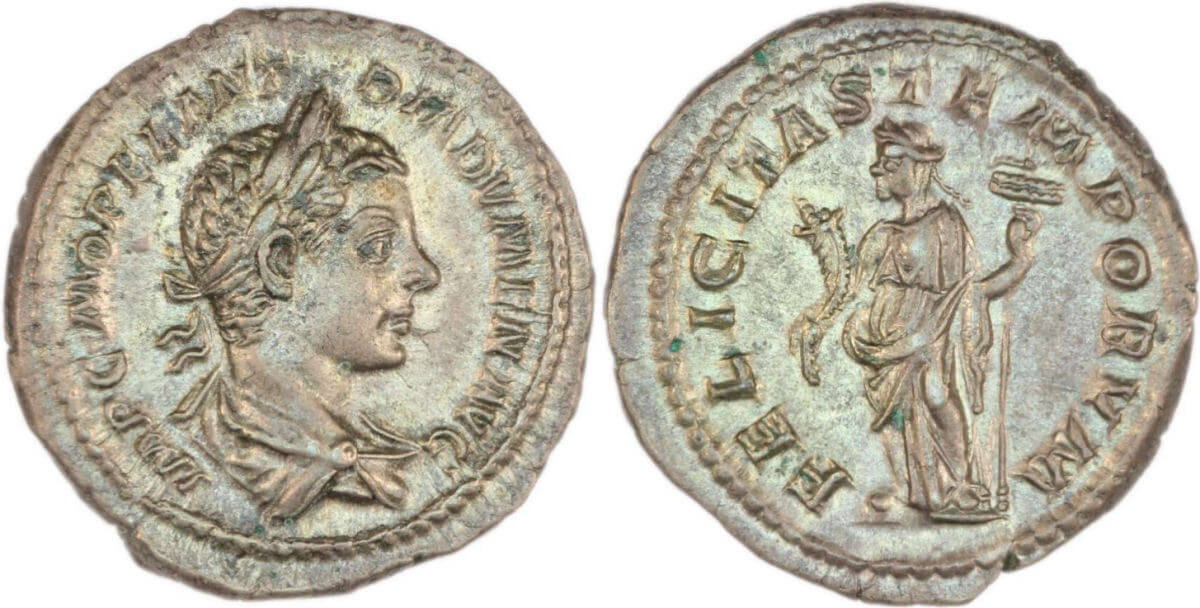 A very rare denarius coin of Diadumenian as Augustus, minted in the last weeks of his life