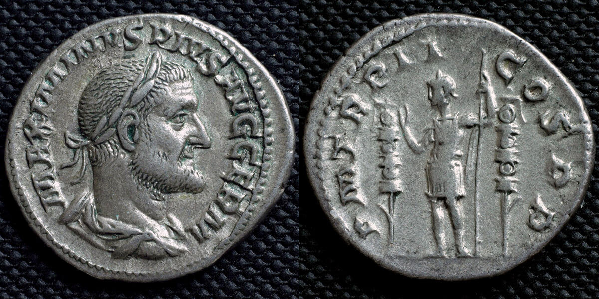 A Roman silver denarius coin featuring Maximinus Thrax