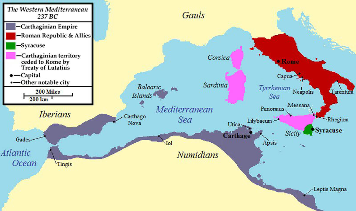 A map of the western Mediterranean Sea in 237 BC showing territory changes as a result of the First Punic War