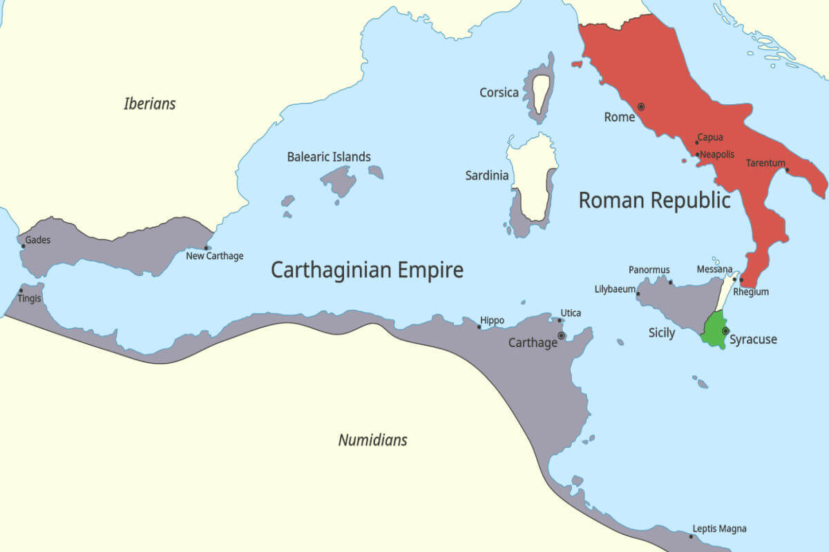 A map of the western Mediterranean Sea in 264 BC, focusing on the states involved in the First Punic War