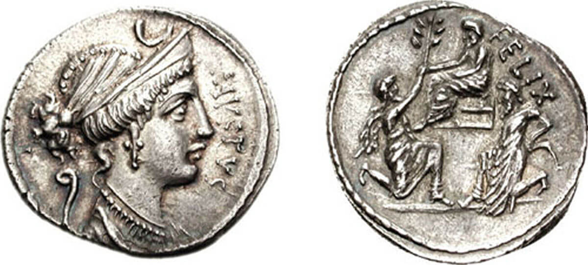 A silver Denarius coin from the Rome mint commemorating Sulla's capture of Jugurtha