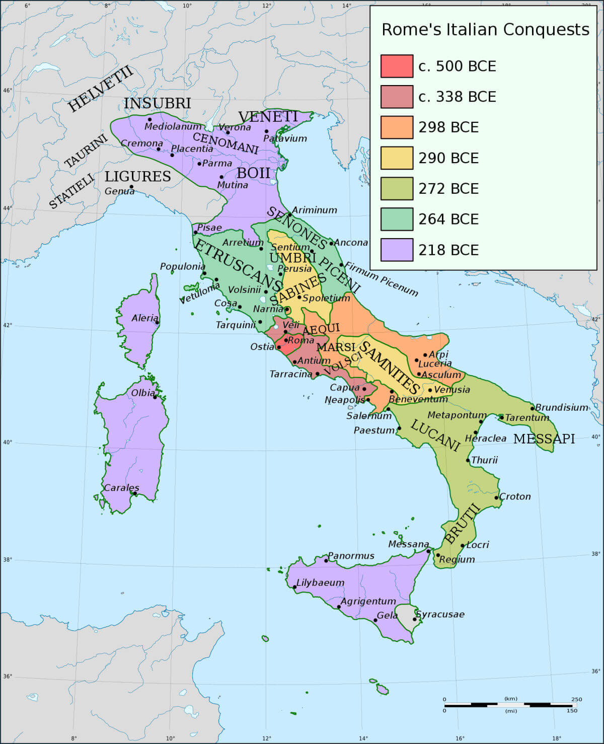 A map of Rome's Italian expansion from c. 500-218 BC