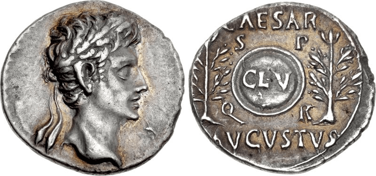 A silver denarius coin issued during the reign of Augustus