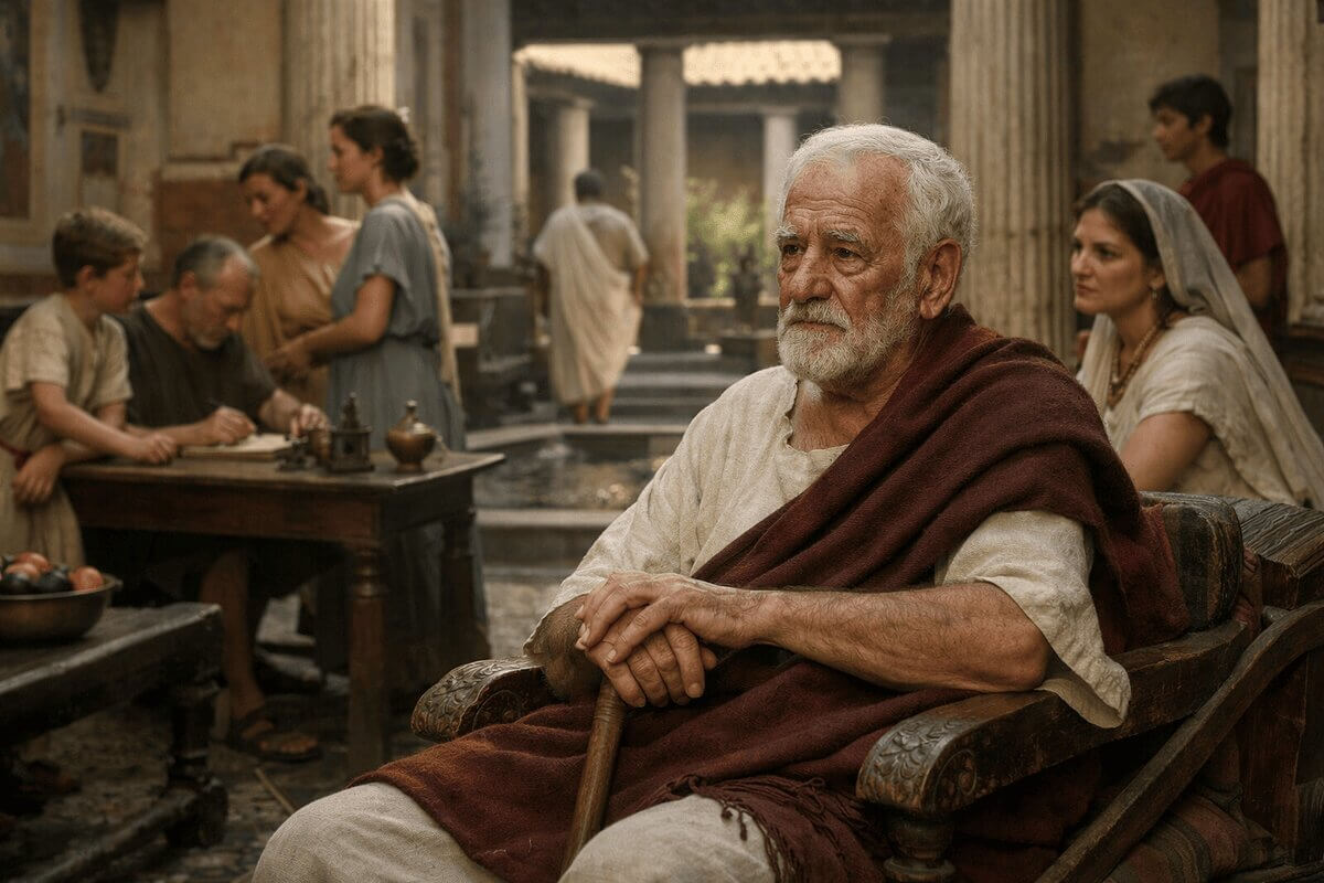 An elderly Roman male citizen sat in a chair