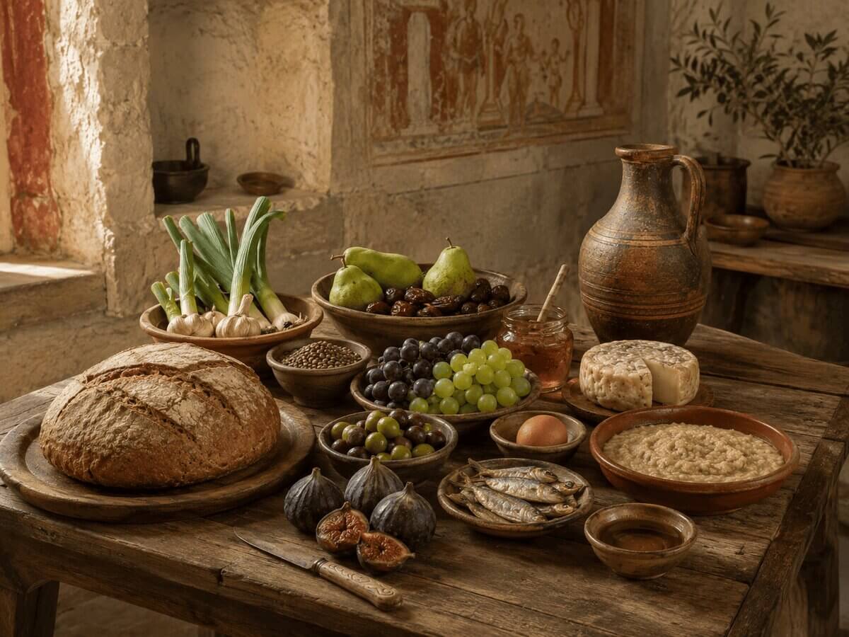 A sample of ancient Roman food on a table
