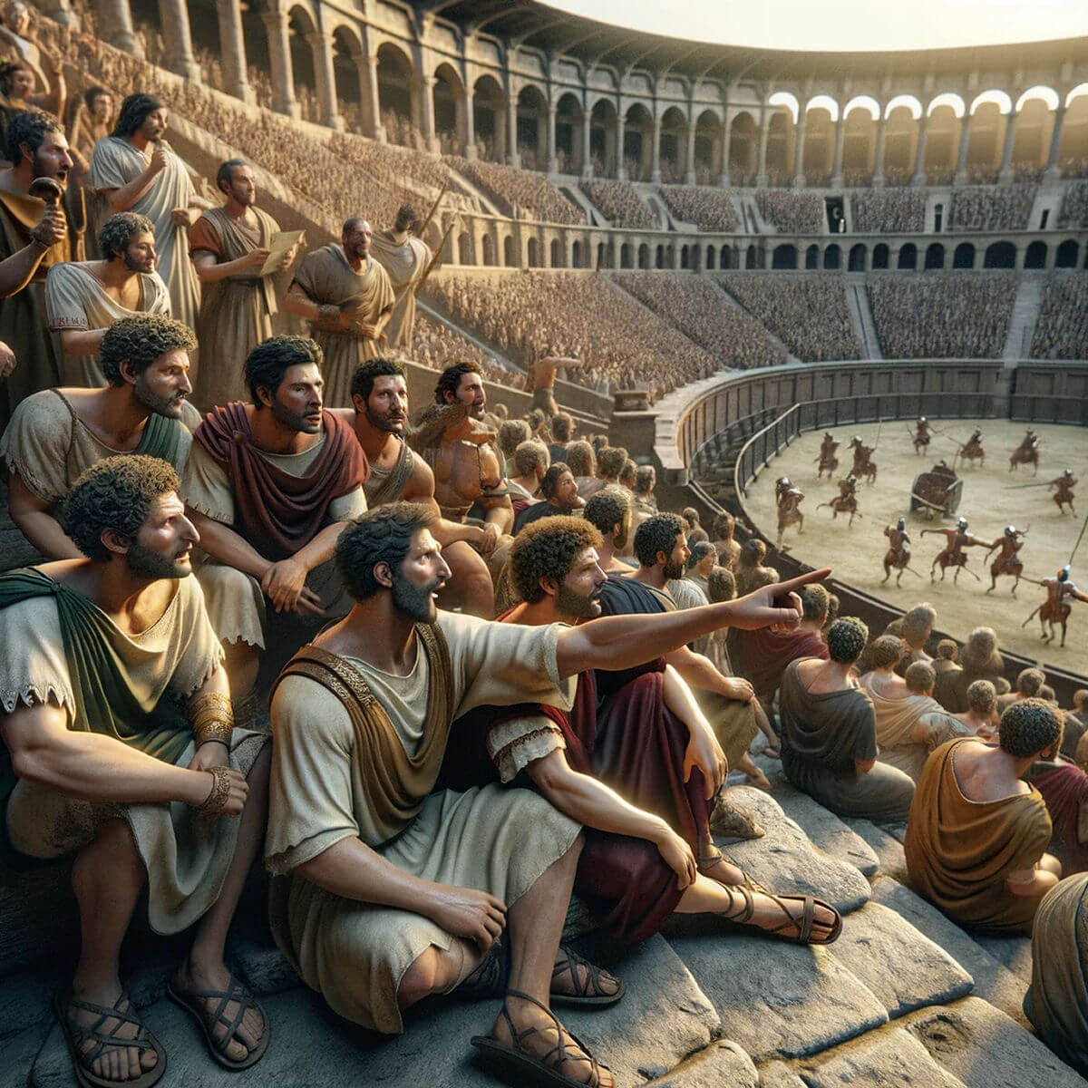 Ancient Romans seated in the Colosseum enjoying the gladiator games