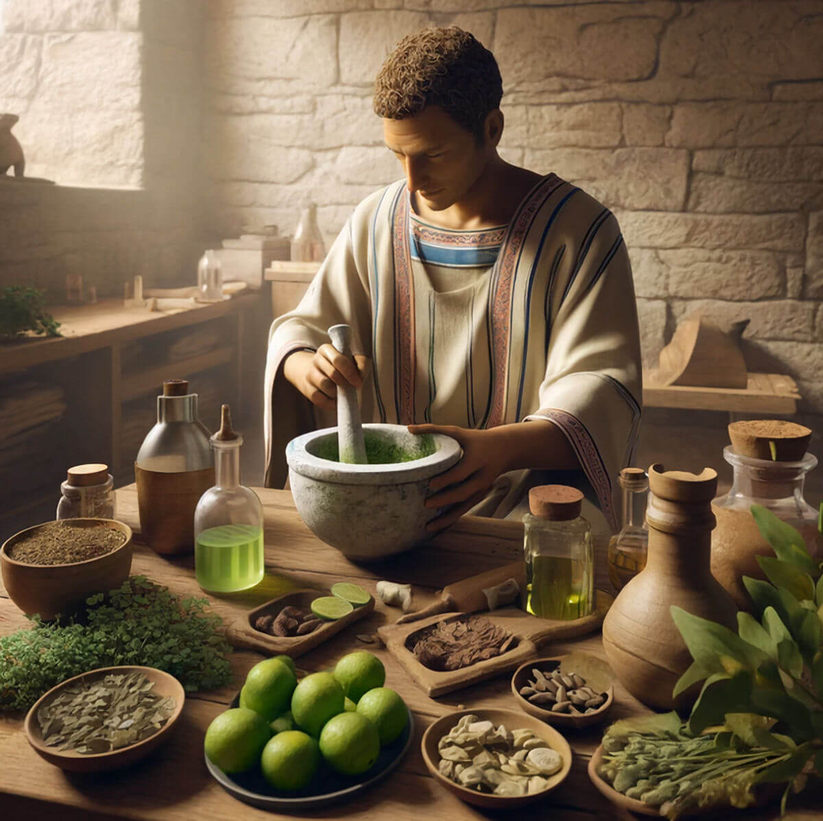 An ancient Roman physician creating a paste using limes and other ingredients