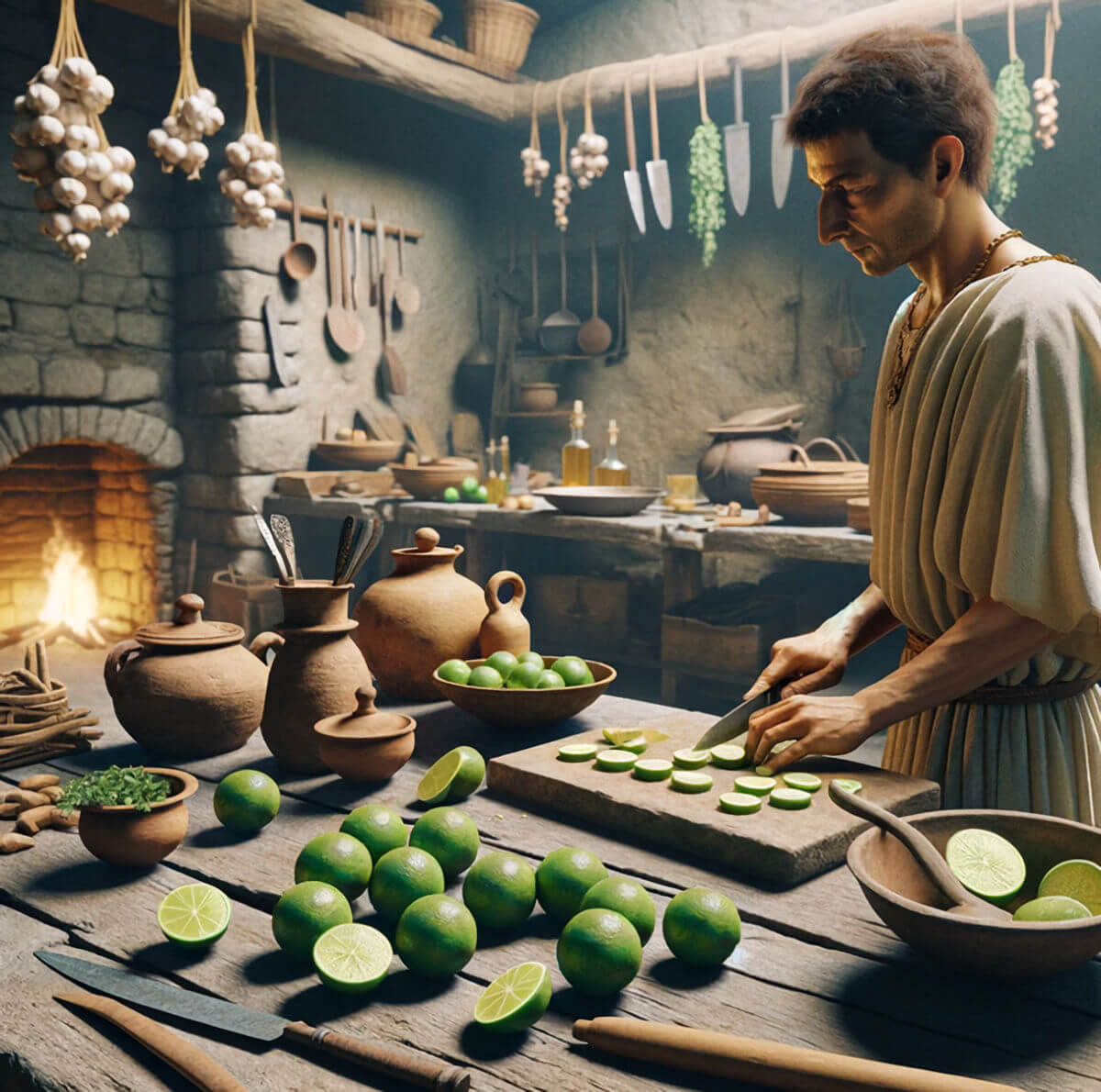 Limes being chopped in a Roman kitchen