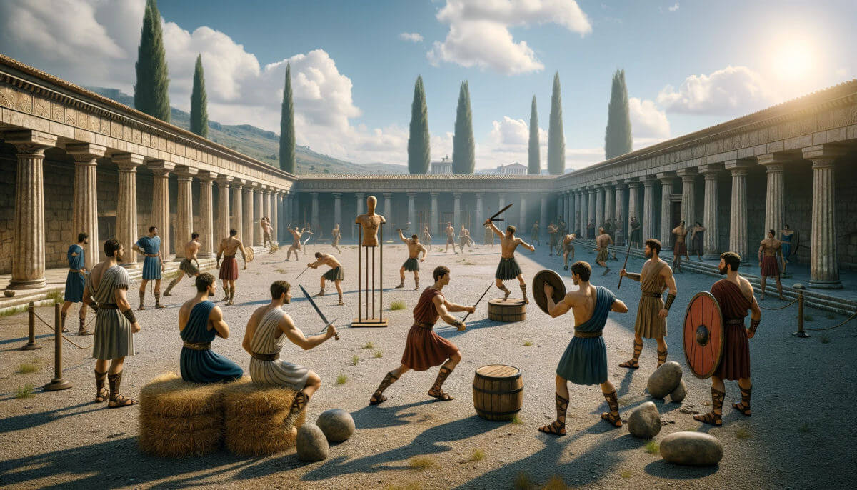 Gladiators training in a Ludus