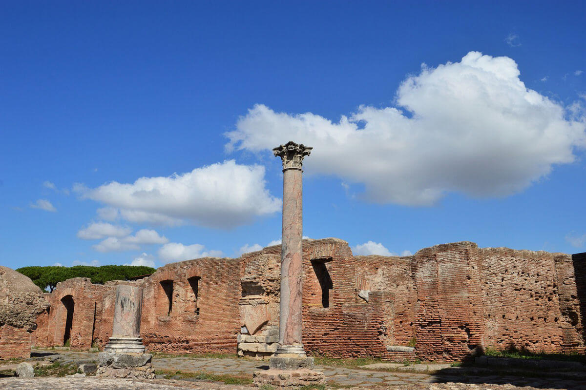 A monumental column in Ostia Antica in Italy