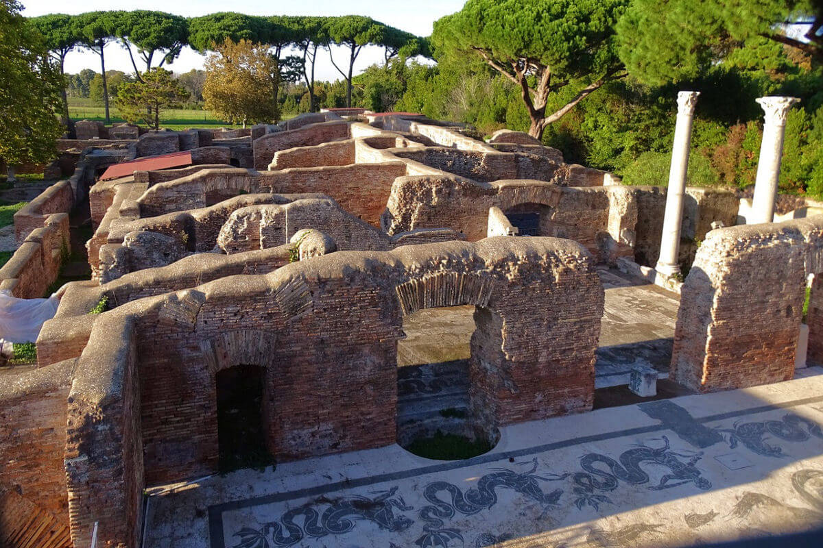 Ruins and mosaic floor in Ostia Antica in Italy