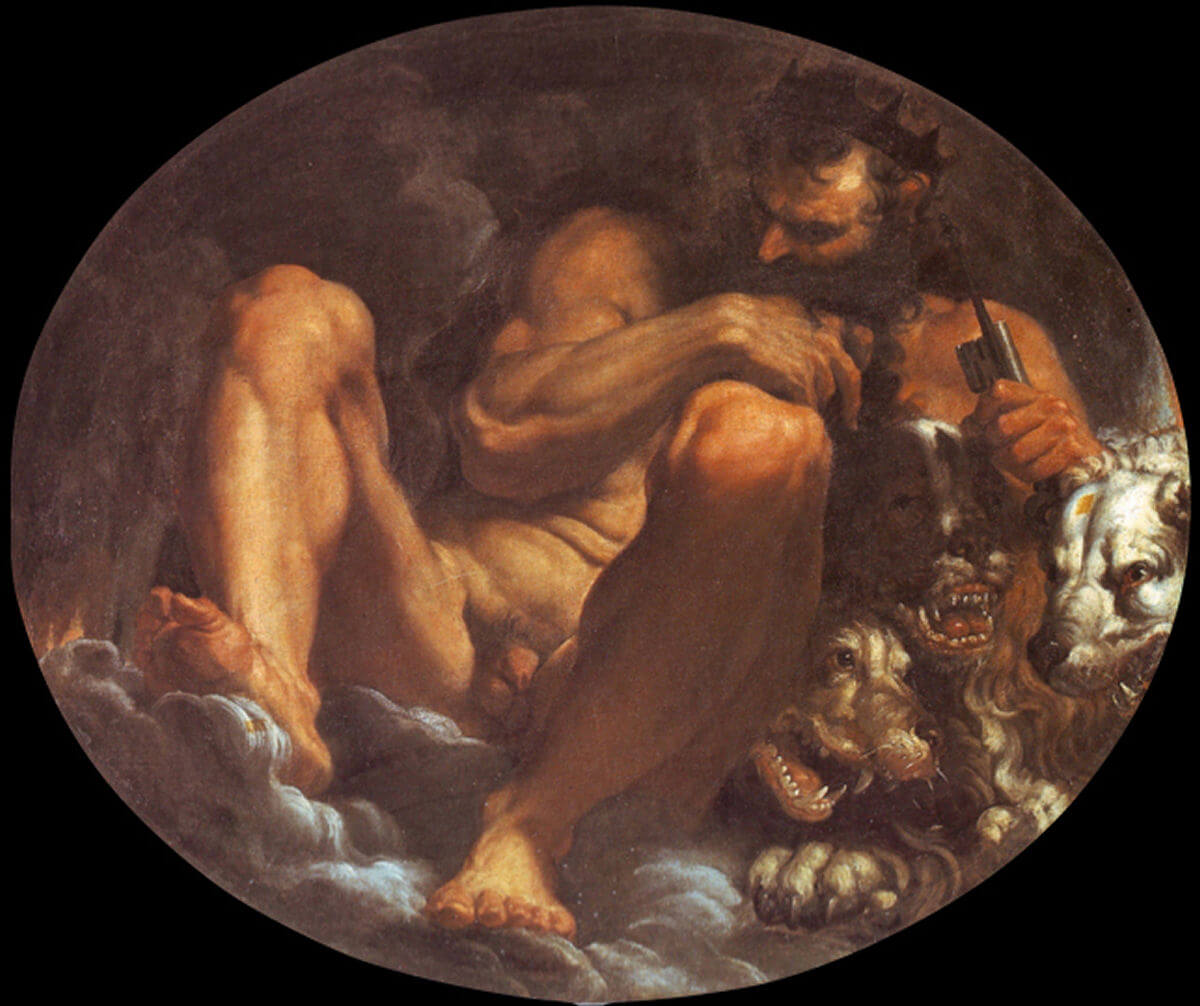 Pluto – Hades by Agostino Carracci (1592) showing Pluto with the three-headed dog, Cerberus