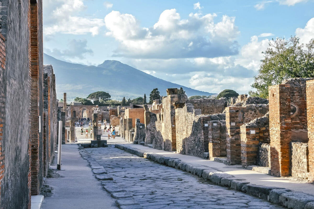 The remains of Pompeii with Mount Vesuvius in the background