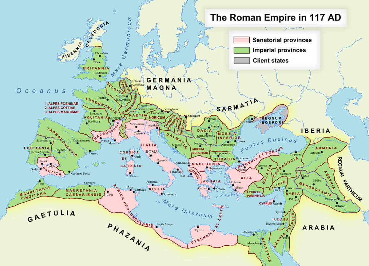 A map of the provinces of the Roman Empire in 117 AD