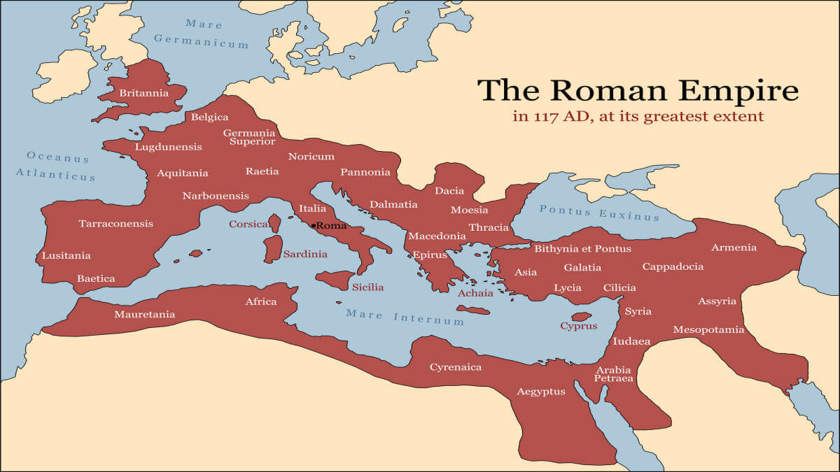 A map of the Roman Empire at its greatest extent in 117 AD