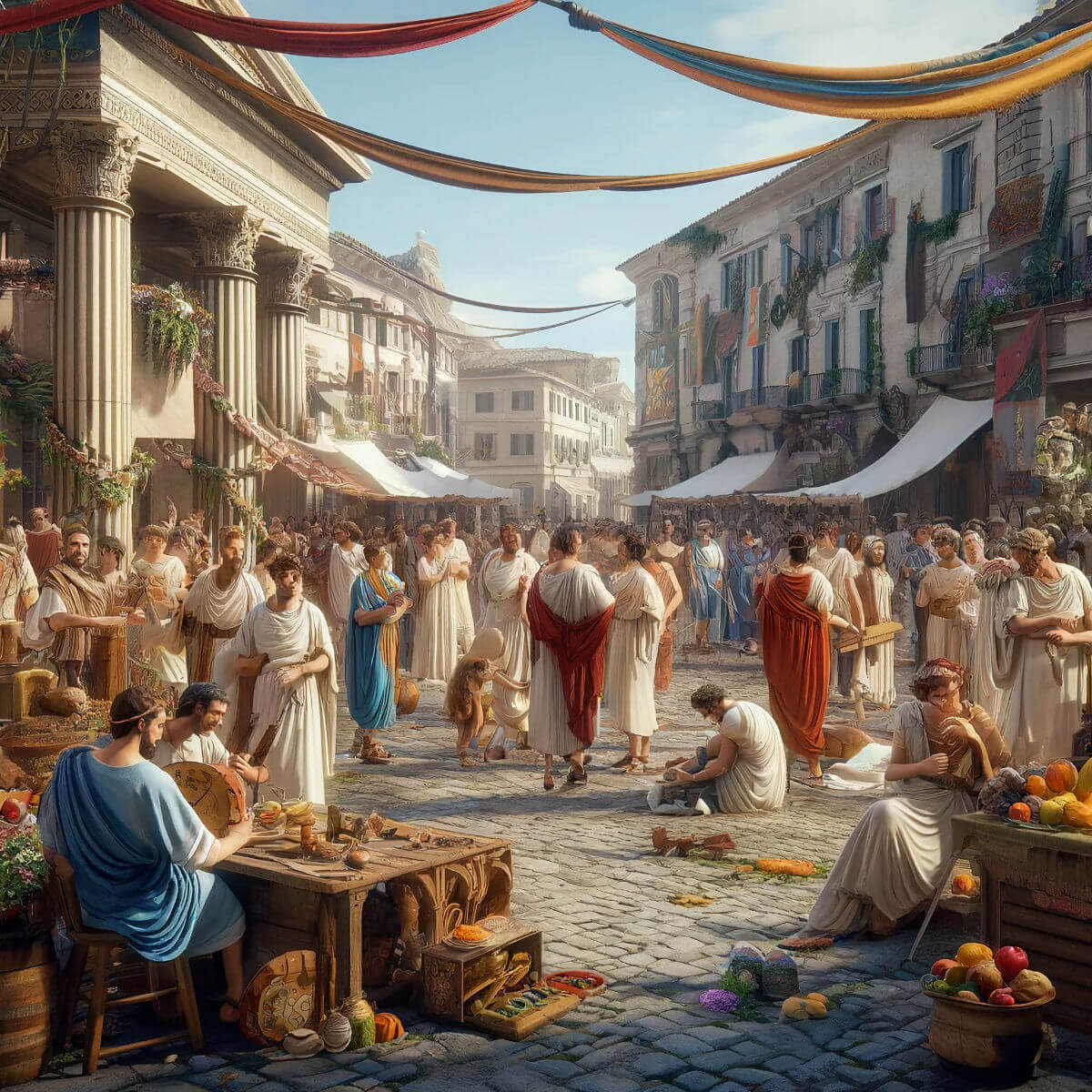 A brightly colored ancient Roman festival taking place