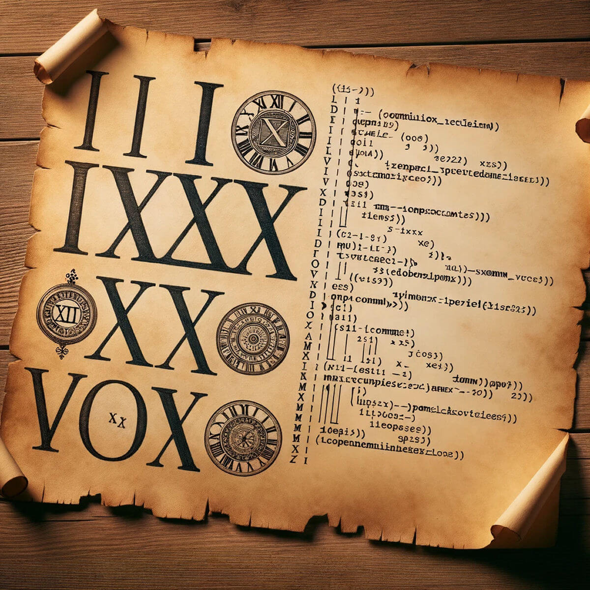 Roman numerals and computer code side by side written on old parchment